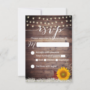 Rustic Sunflower String Lights Fall Wedding RSVP Card