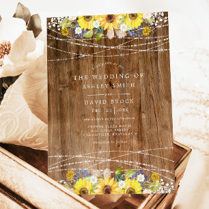 Rustic Sunflower String Lights Floral Wedding Invitation