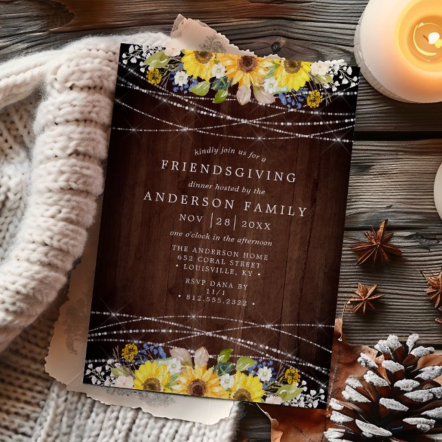 Rustic Sunflower String Lights Friendsgiving Party Invitation (Creator Uploaded)