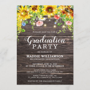 Rustic Sunflower String Lights Graduation  Invitation