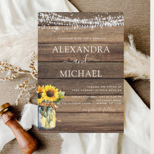 Rustic Sunflower String Lights Jar Wedding Invitation