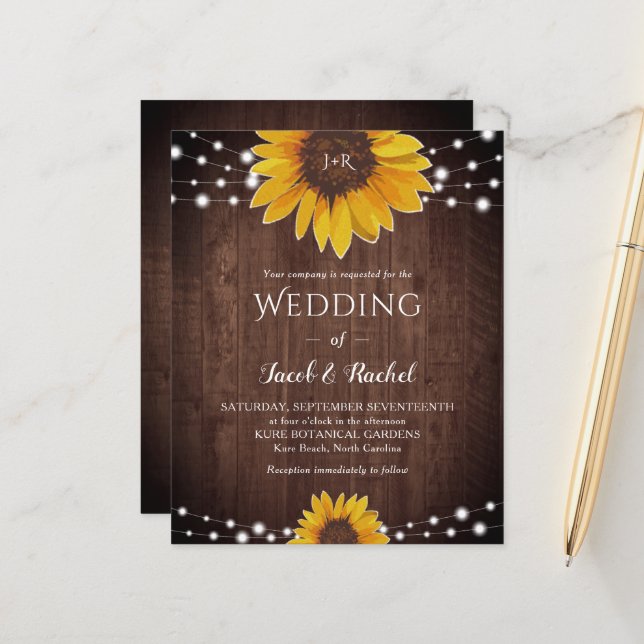 Rustic Sunflower String Lights Monogram Wedding (Front/Back In Situ)