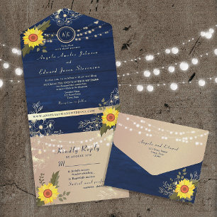 Rustic Sunflower String Lights Navy Blue Wedding All In One Invitation