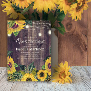 Rustic Sunflower String Lights Quinceañera 15th Invitation