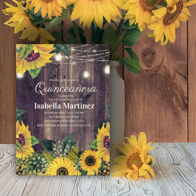 Rustic Sunflower String Lights Quinceañera 15th Invitation (Creator Uploaded)