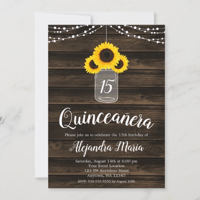Rustic Sunflower String Lights Quinceanera Invites (Front)
