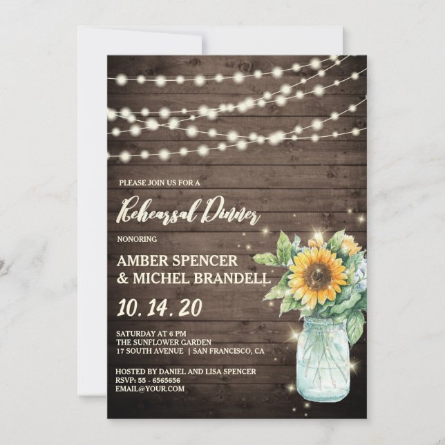 Rustic Sunflower String Lights Rehearsal Dinner Invitation (Front)