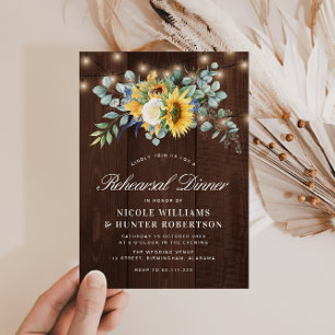 Rustic sunflower string lights rehearsal dinner invitation