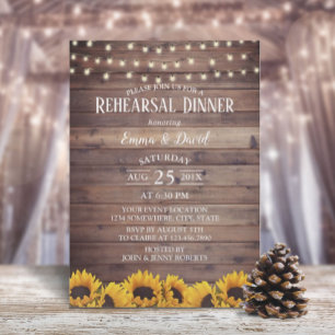 Rustic Sunflower & String Lights Rehearsal Dinner Invitation