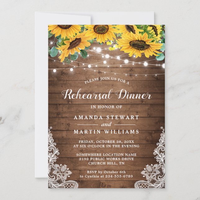 Rustic Sunflower String Lights Rehearsal Dinner Invitation (Front)