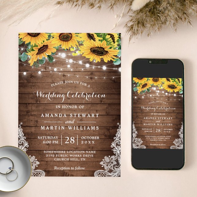 Rustic Sunflower String Lights Summer Fall Wedding Invitation (Creator Uploaded)