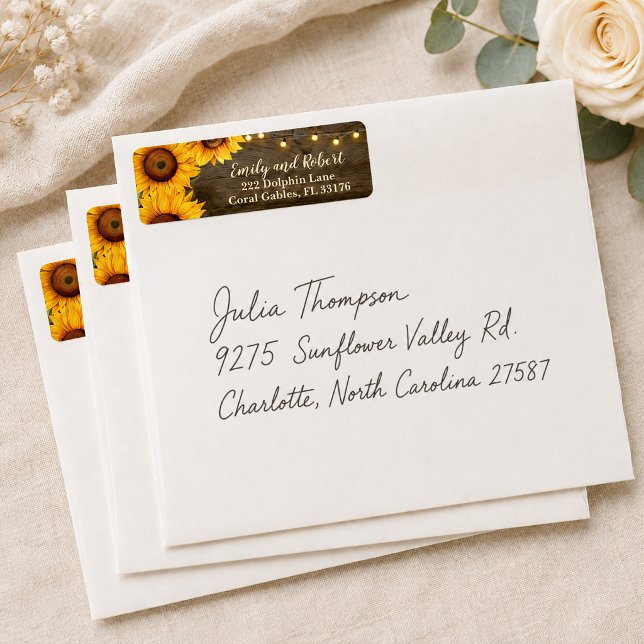 Rustic Sunflower String Lights Wedding Address (Rustic Sunflower Wedding Envelope return address label)