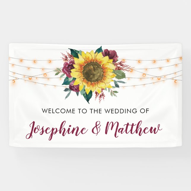 Rustic Sunflower String Lights Wedding Banner (Horizontal)