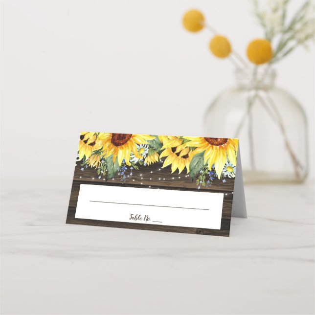 Rustic Sunflower String Lights Wedding Folded Place Card (Front)