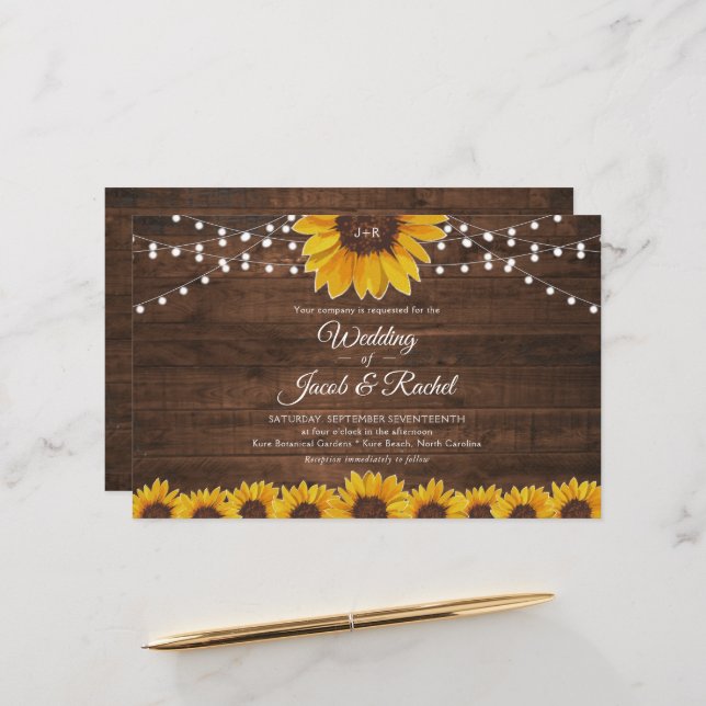 Rustic Sunflower String Lights Wedding Invitation (Front/Back In Situ)
