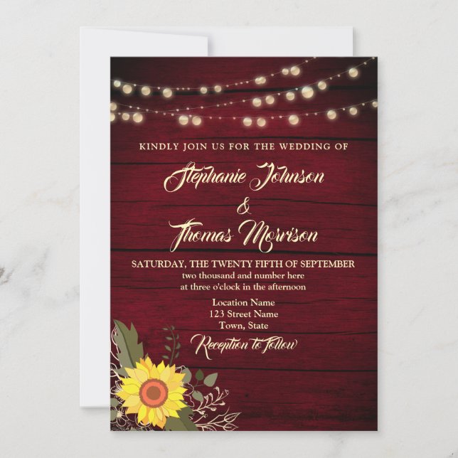 Rustic Sunflower String Lights Wedding Invitation (Front)