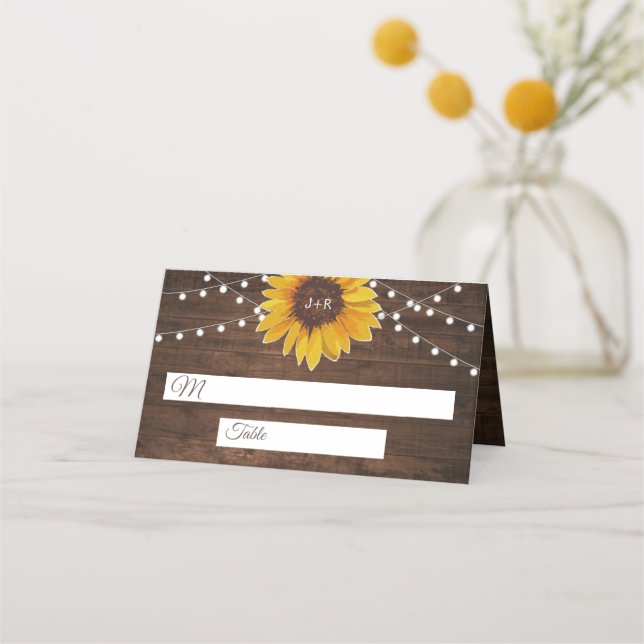 Rustic Sunflower String Lights Wedding Place Card (Front)