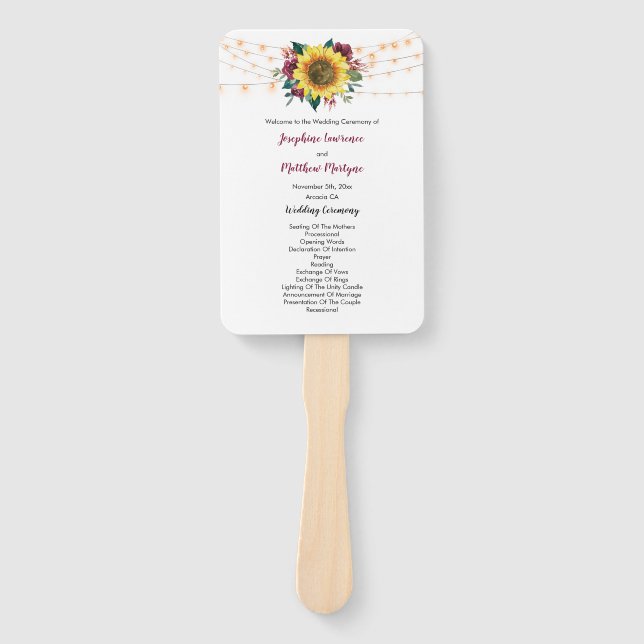 Rustic Sunflower String Lights Wedding Program Hand Fan (Front)
