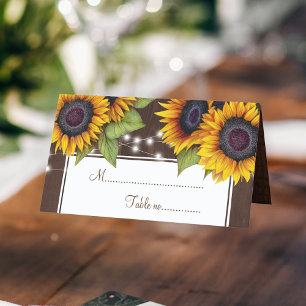 Rustic sunflower string lights wedding table place card