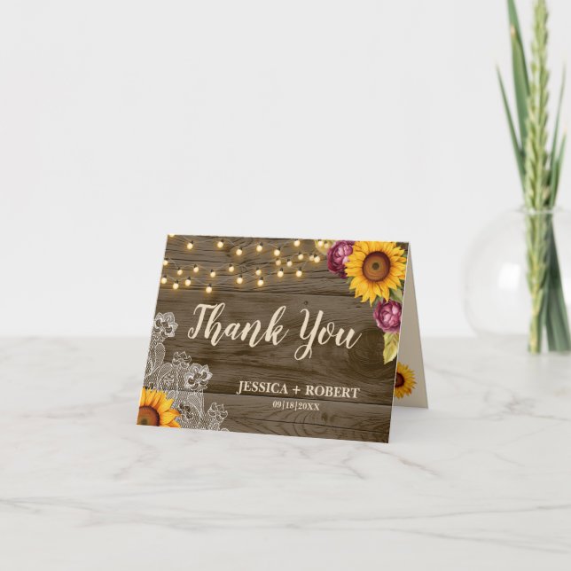 Rustic Sunflower String Lights Wedding Thank You C Card (Front)