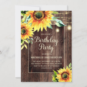 Rustic Sunflower String Lights Women's Birthday Invitation