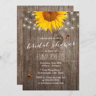 Rustic Sunflower String Lights Wood Bridal Shower Invitation