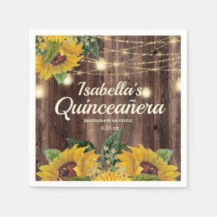 Rustic Sunflower String Lights Wood Quinceañera Napkin