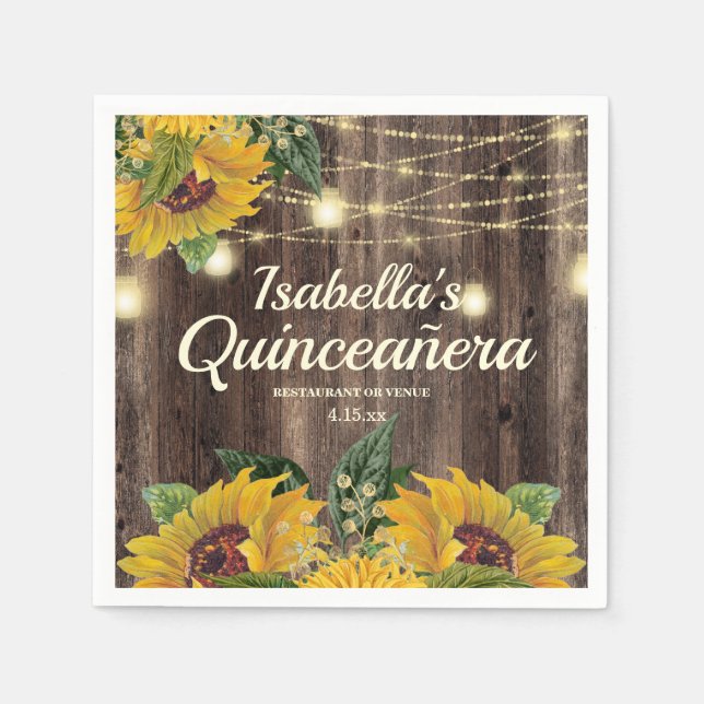 Rustic Sunflower String Lights Wood Quinceañera Napkin (Front)