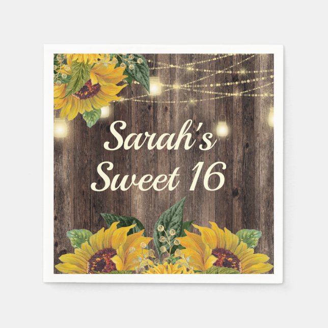 Rustic Sunflower String Lights Wood Sweet 16 Napkin (Front)