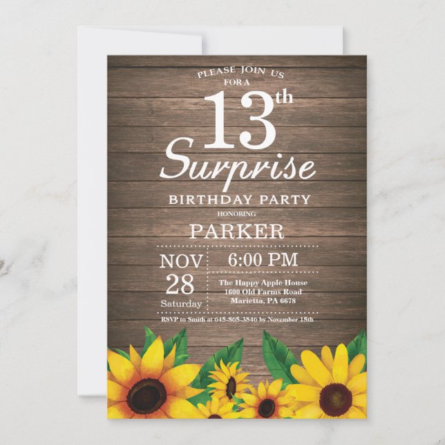 Rustic Sunflower Surprise 13th Birthday Invitation (Front)