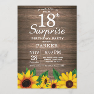Rustic Sunflower Surprise 18th Birthday Invitation
