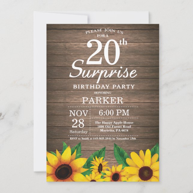 Rustic Sunflower Surprise 20th Birthday Invitation (Front)