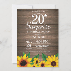 Rustic Sunflower Surprise 20th Birthday Invitation