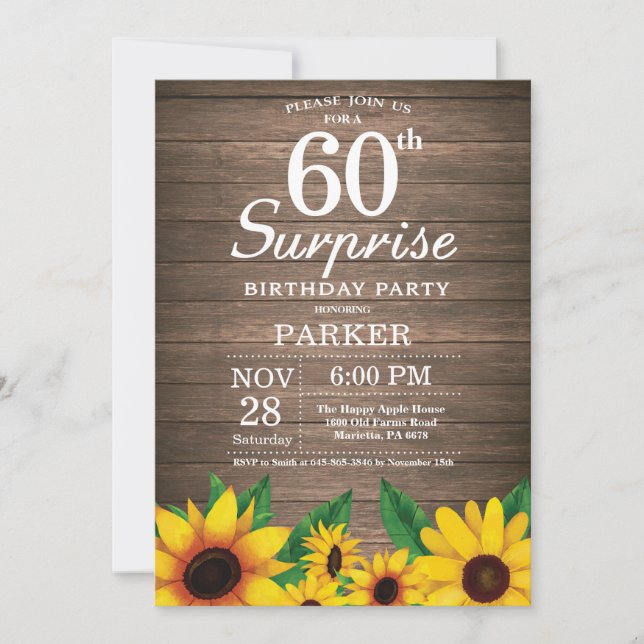 Rustic Sunflower Surprise 60th Birthday Invitation (Front)