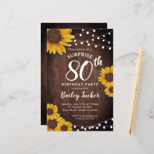 Rustic Sunflower Surprise 80th Birthday Invitation