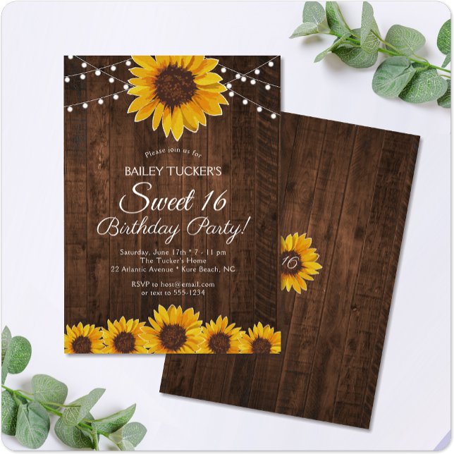 Rustic Sunflower Sweet 16 Birthday String Lights Invitation (Creator Uploaded)