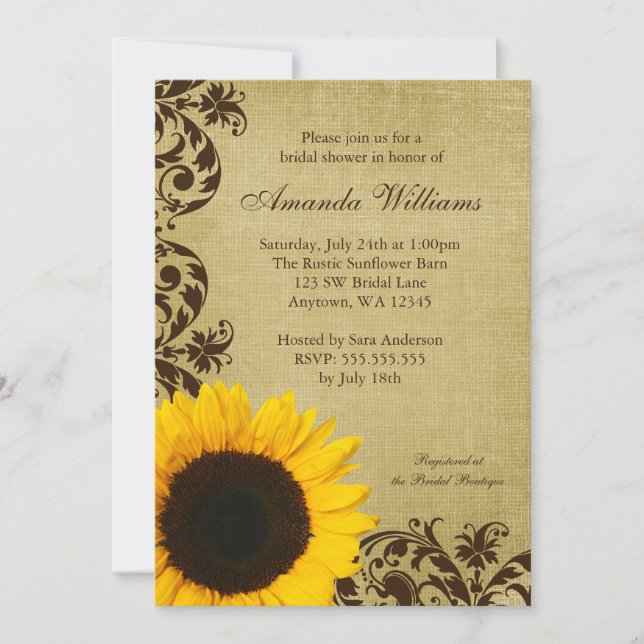 Rustic Sunflower Swirls Bridal Shower Invitation (Front)