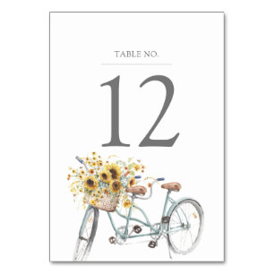 Rustic Sunflower Tandem Bicycle Watercolor Wedding Table Number
