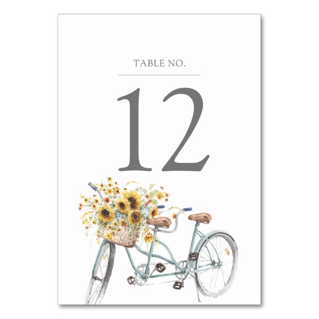 Rustic Sunflower Tandem Bicycle Watercolor Wedding Table Number (Front)