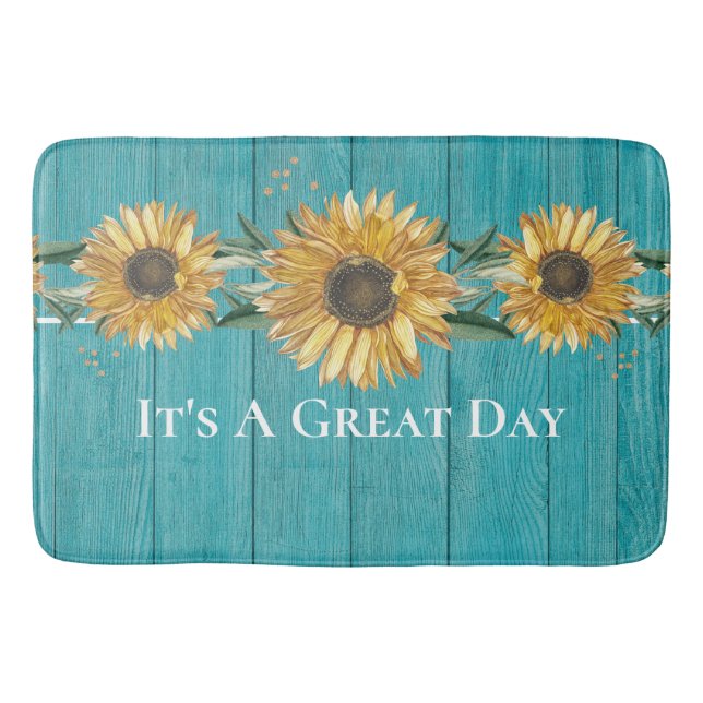 Rustic Sunflower Teal Blue Barn Wood country Bath  Bath Mat (Front)