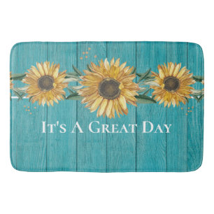 Rustic Sunflower Teal Blue Barn Wood country Bath  Mat