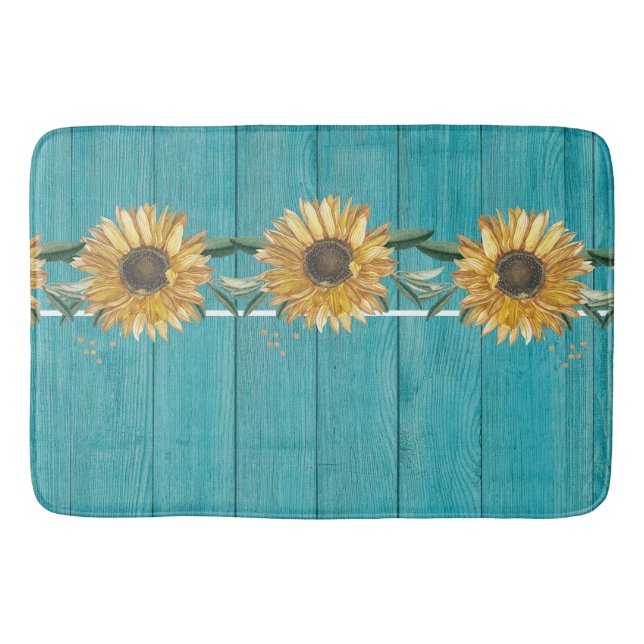 Rustic Sunflower Teal Blue Barn Wood country Bath Mat (Front)