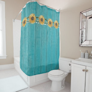 Rustic Sunflower Teal Blue Barn Wood country  Shower Curtain