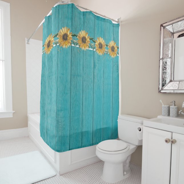 Rustic Sunflower Teal Blue Barn Wood country  Shower Curtain (In Situ)