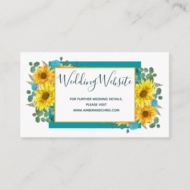 Rustic Sunflower Teal Blue Roses Wedding Website Enclosure Card (Front)
