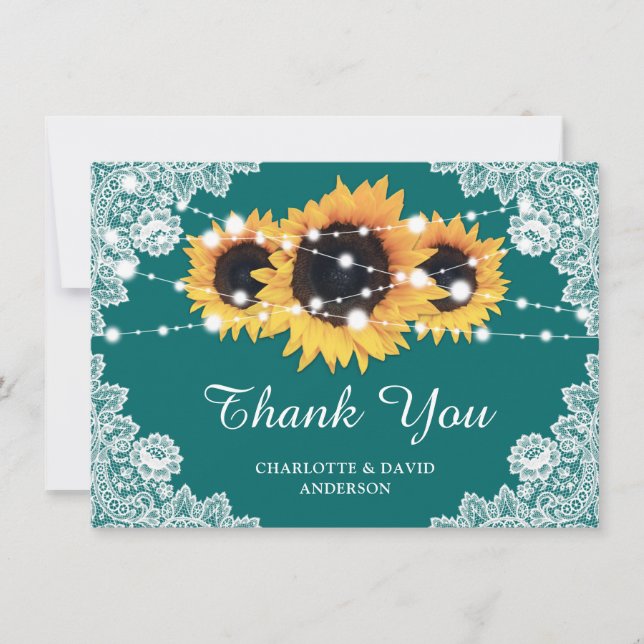 Rustic Sunflower Teal Wedding Thank You Card (Front)