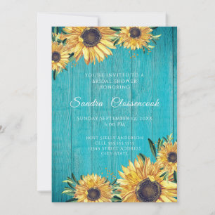 Rustic Sunflower Teal Wood Wedding Bridal Shower I Invitation