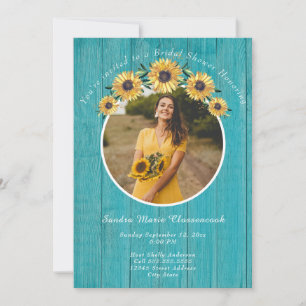 Rustic Sunflower Teal Wood Wedding Bridal Shower   Invitation