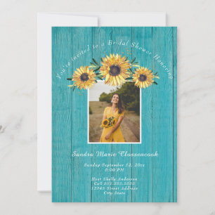 Rustic Sunflower Teal Wood Wedding Bridal Shower   Invitation