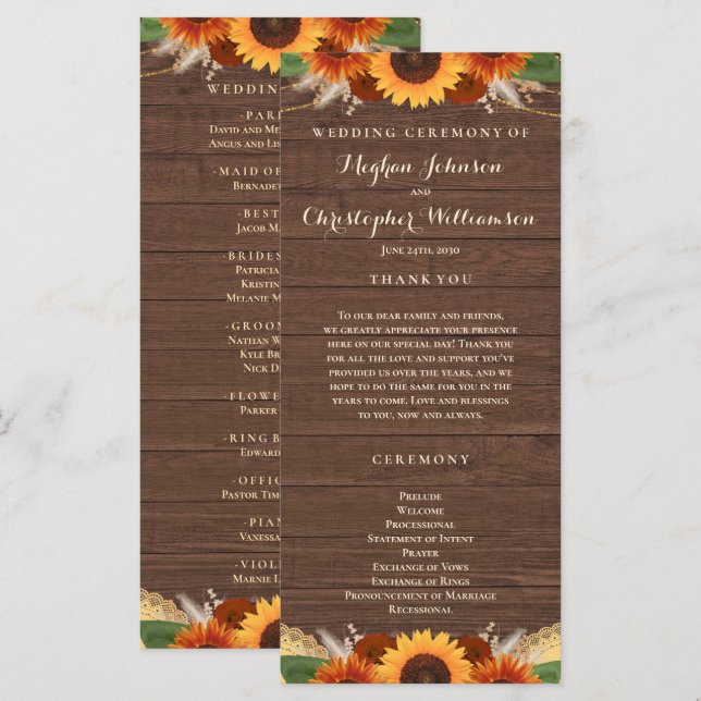 Rustic Sunflower Terracotta Roses Boho Wedding Programme (Front/Back)